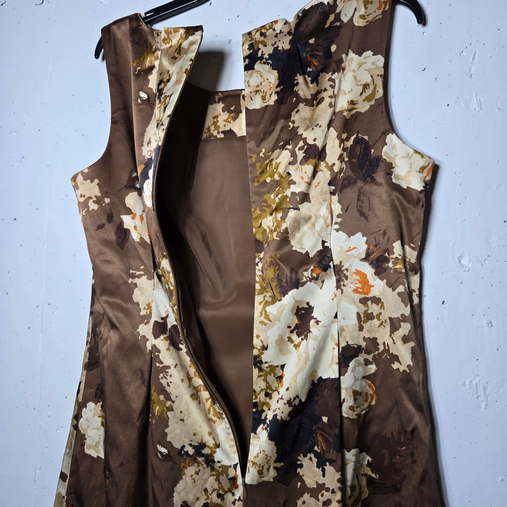 Talbots Brown Floral Satin Sheath Midi Dress Size 14 NWT Cocktail Classic Modest - Picture 3 of 9